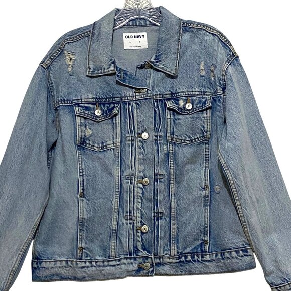 Old Navy Distressed Womens Jean jacket L Denim Trucker Western Country Festival - Picture 1 of 6